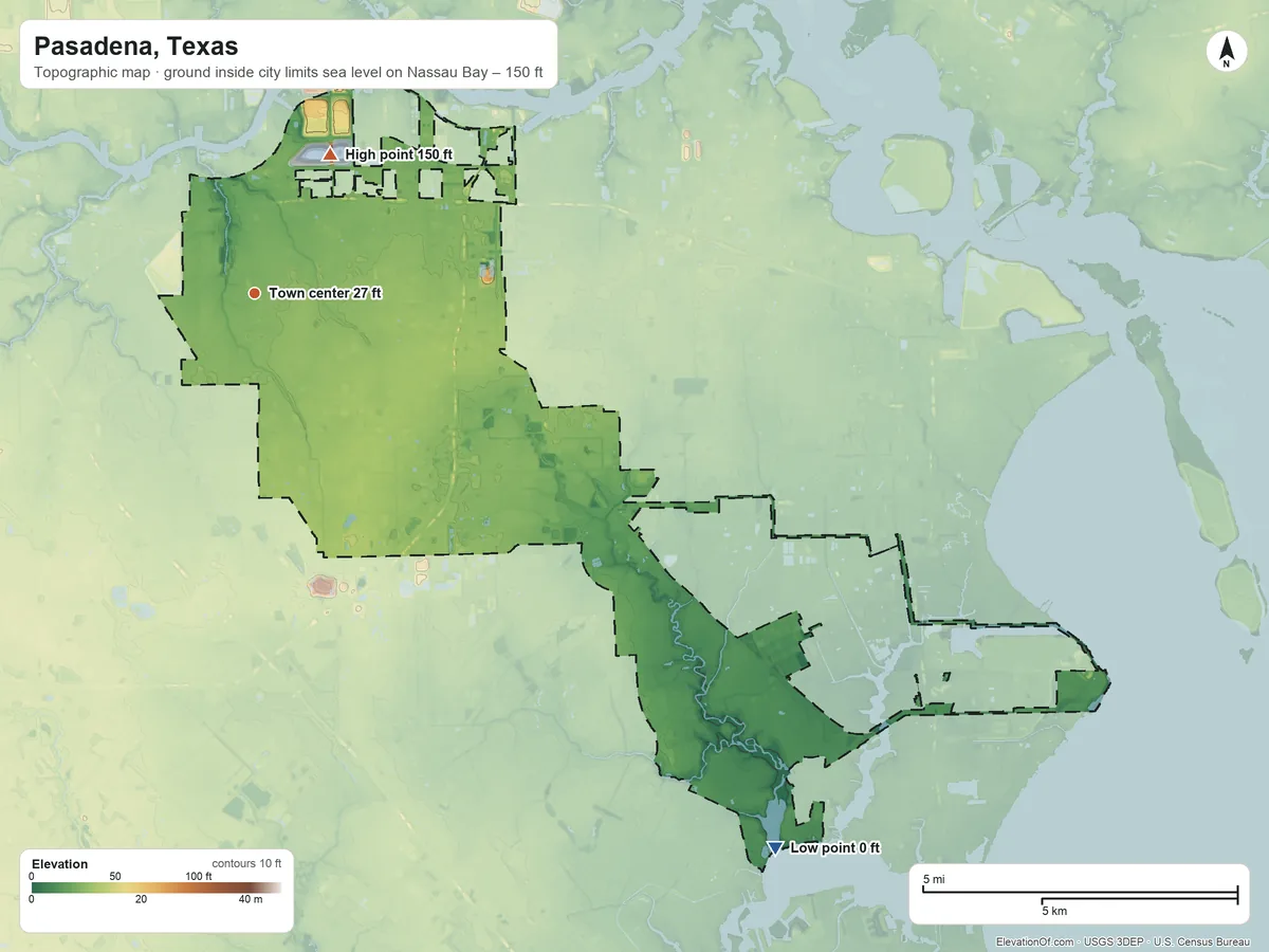 Topographic elevation map of Pasadena, Texas, shaded from sea level level on Nassau Bay to 150 ft on the northeast side
