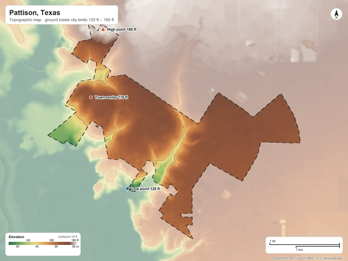 Topographic elevation map of Pattison, Texas, shaded from 120 ft on the south side to 180 ft on the north side