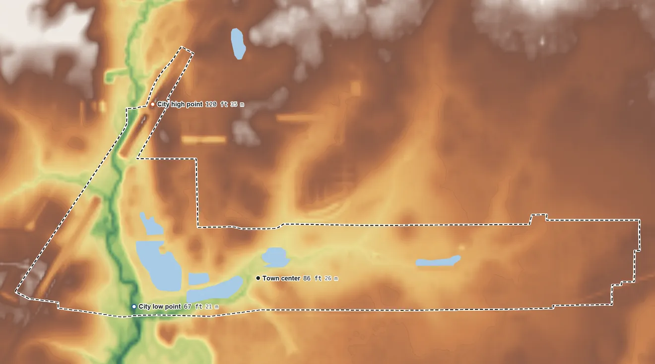Topographic elevation map of Patton Village, Texas, shaded from 67 ft on the west side to 120 ft on the northwest side