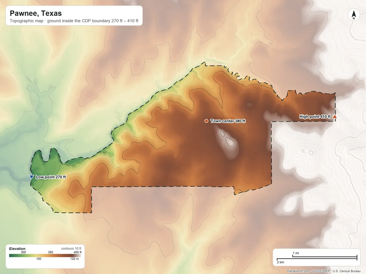Topographic elevation map of Pawnee, Texas, shaded from 270 ft on the west side to 410 ft on the east side