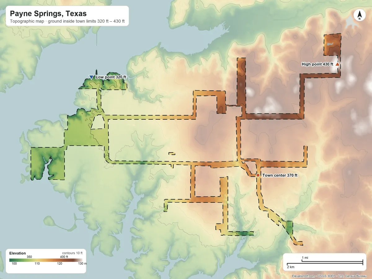 Topographic elevation map of Payne Springs, Texas, shaded from 320 ft on the northwest side to 430 ft on the northeast side