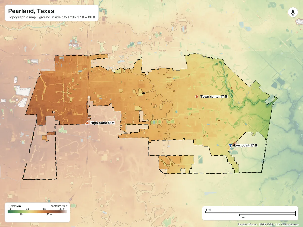 Topographic elevation map of Pearland, Texas, shaded from 17 ft on the southeast side to 86 ft on the west side