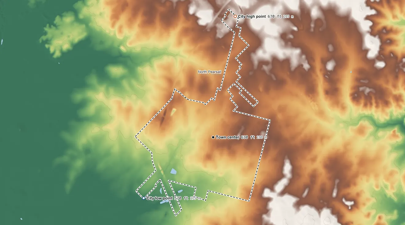 Topographic elevation map of Pearsall, Texas, shaded from 570 ft on the southwest side to 670 ft on the north side