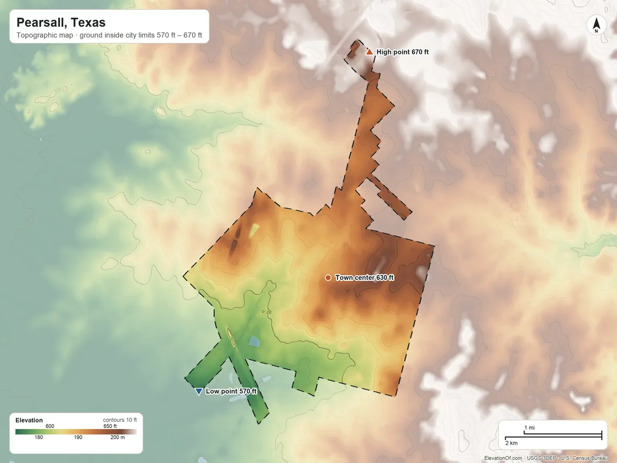 Topographic elevation map of Pearsall, Texas, shaded from 570 ft on the southwest side to 670 ft on the north side