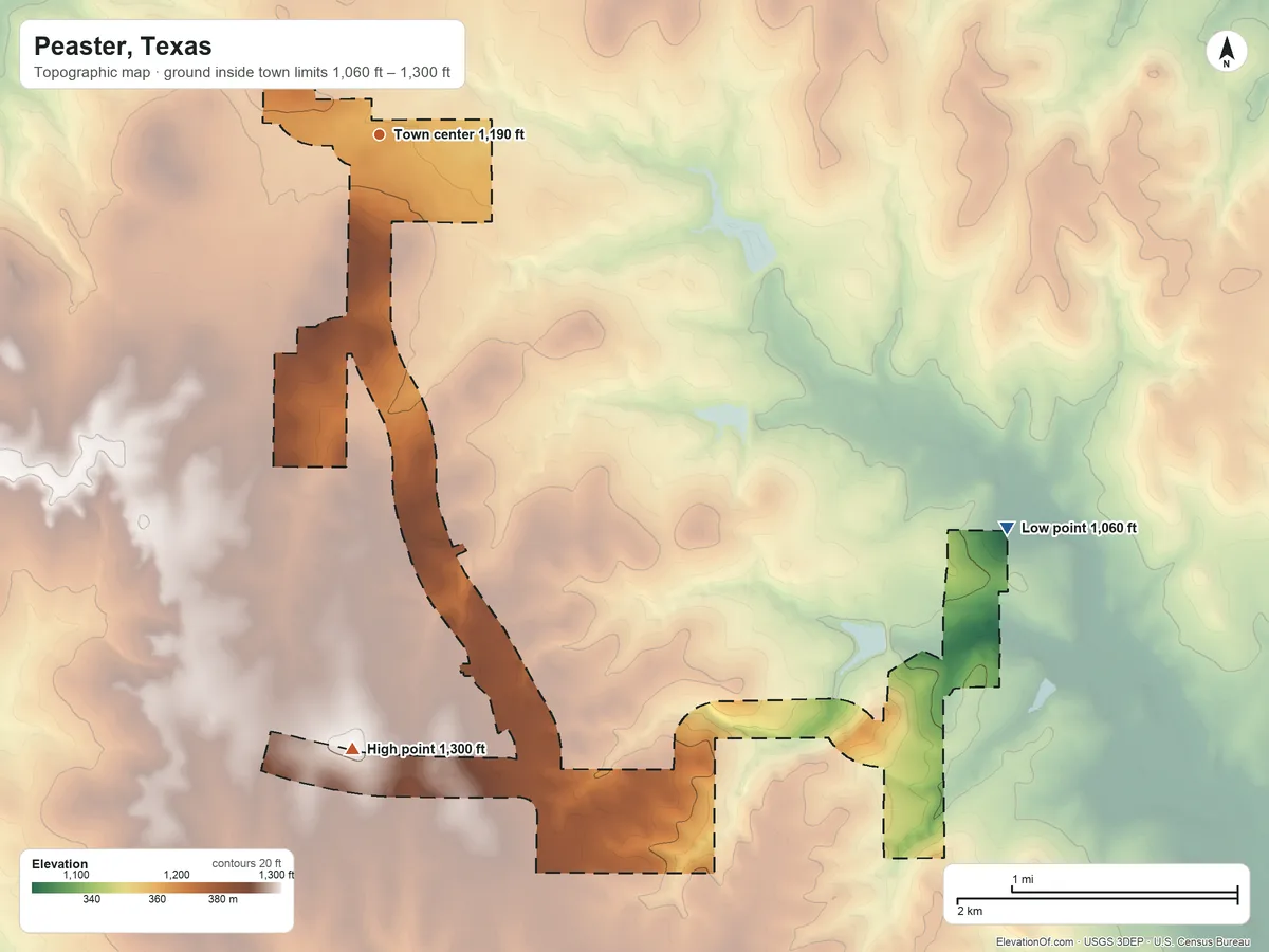 Topographic elevation map of Peaster, Texas, shaded from 1,060 ft on the southeast side to 1,300 ft on the south side