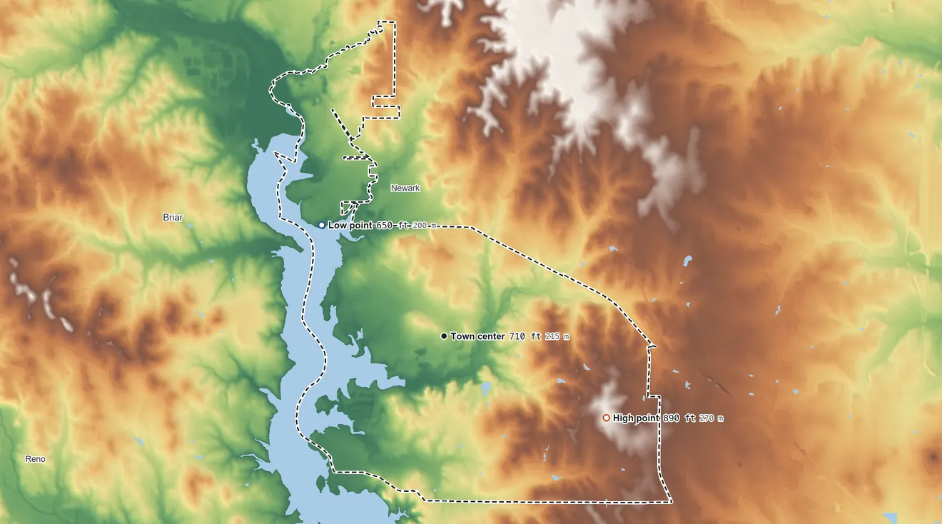 Topographic elevation map of Pecan Acres, Texas, shaded from 650 ft on the northwest side to 890 ft on the southeast side