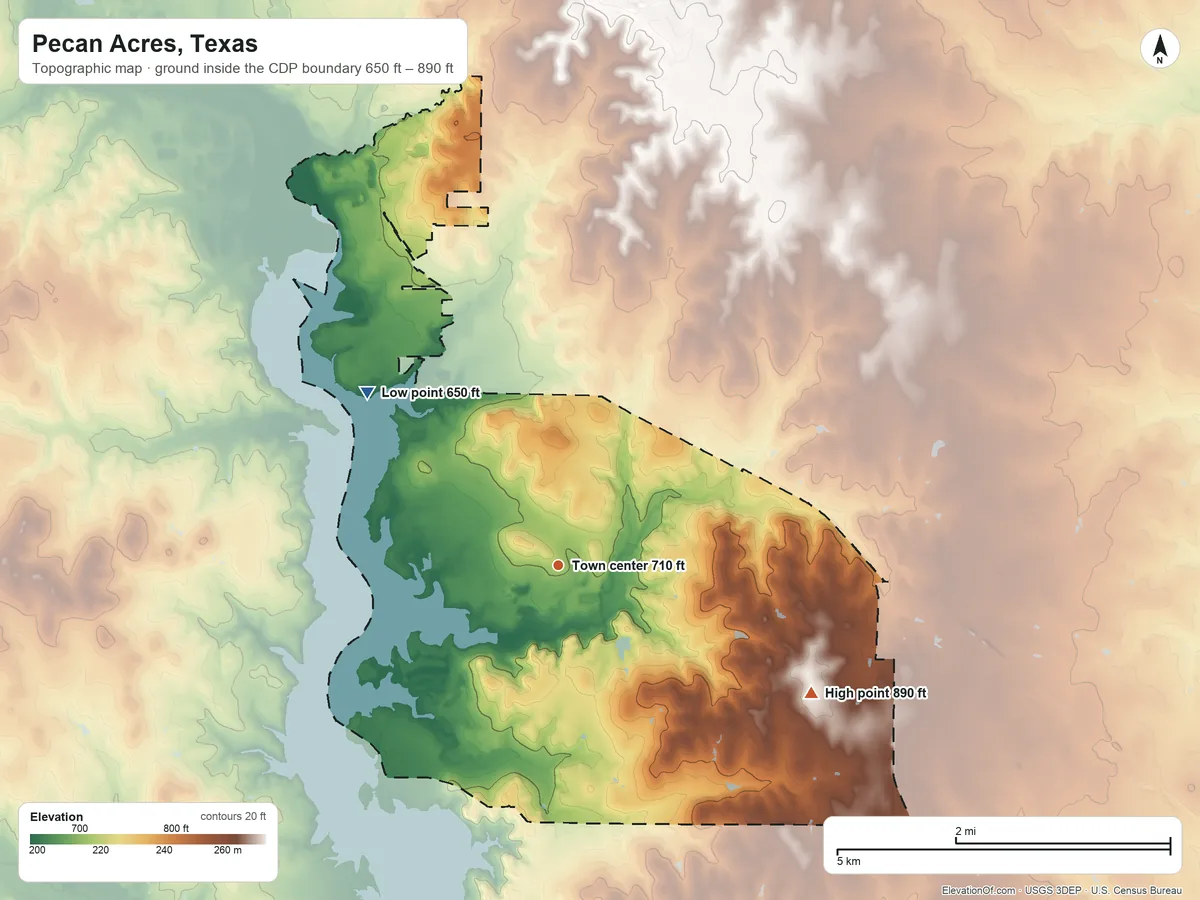 Topographic elevation map of Pecan Acres, Texas, shaded from 650 ft on the northwest side to 890 ft on the southeast side