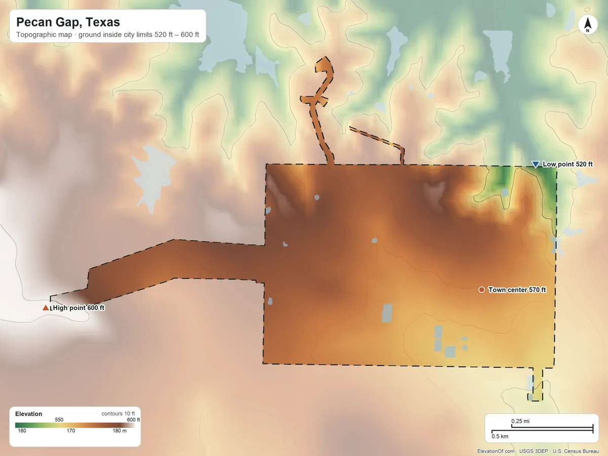 Topographic elevation map of Pecan Gap, Texas, shaded from 520 ft on the northeast side to 600 ft on the west side