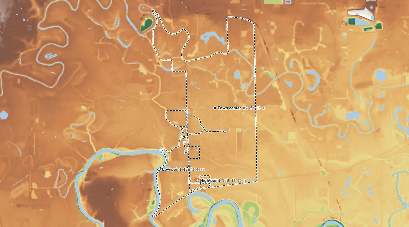 Topographic elevation map of Pecan Grove, Texas, shaded from 43 ft on the southwest side to 120 ft on the south side
