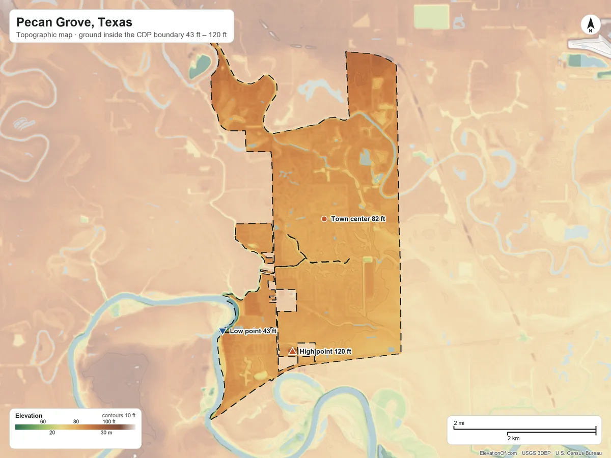 Topographic elevation map of Pecan Grove, Texas, shaded from 43 ft on the southwest side to 120 ft on the south side