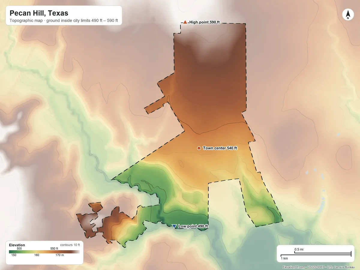 Topographic elevation map of Pecan Hill, Texas, shaded from 490 ft on the south side to 590 ft on the north side