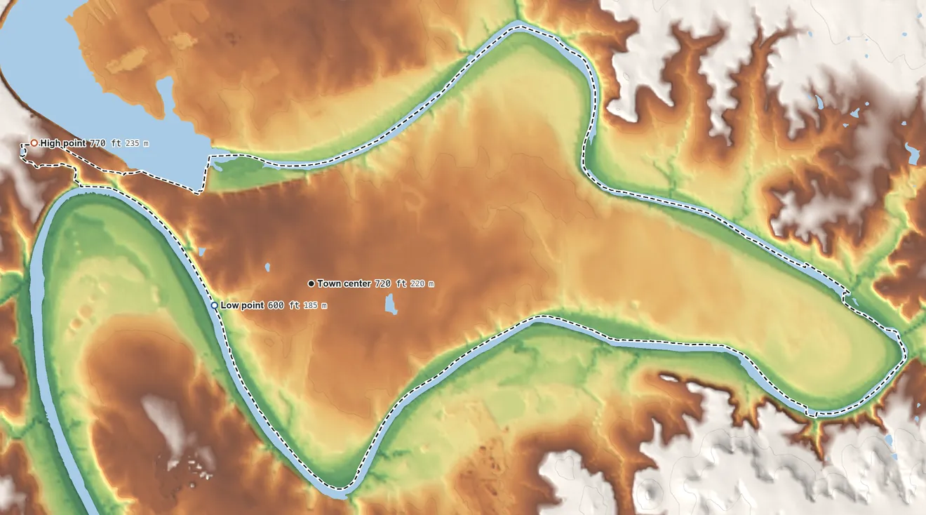 Topographic elevation map of Pecan Plantation, Texas, shaded from 600 ft near the middle to 770 ft on the northwest side
