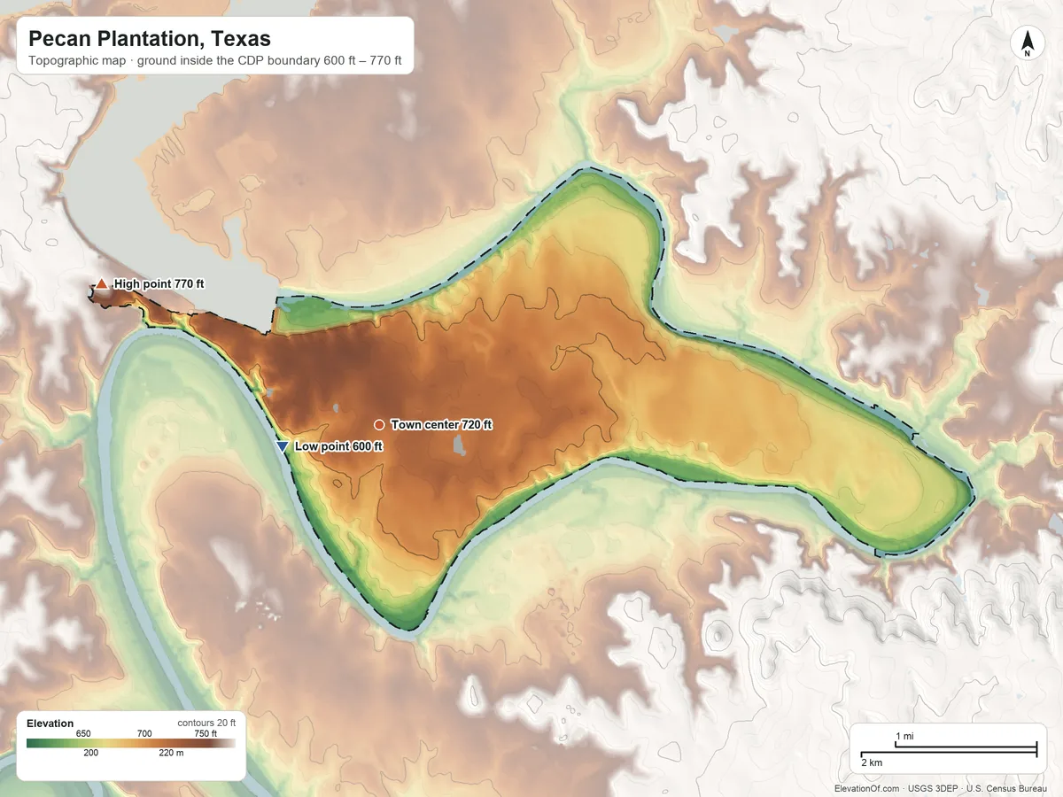 Topographic elevation map of Pecan Plantation, Texas, shaded from 600 ft near the middle to 770 ft on the northwest side