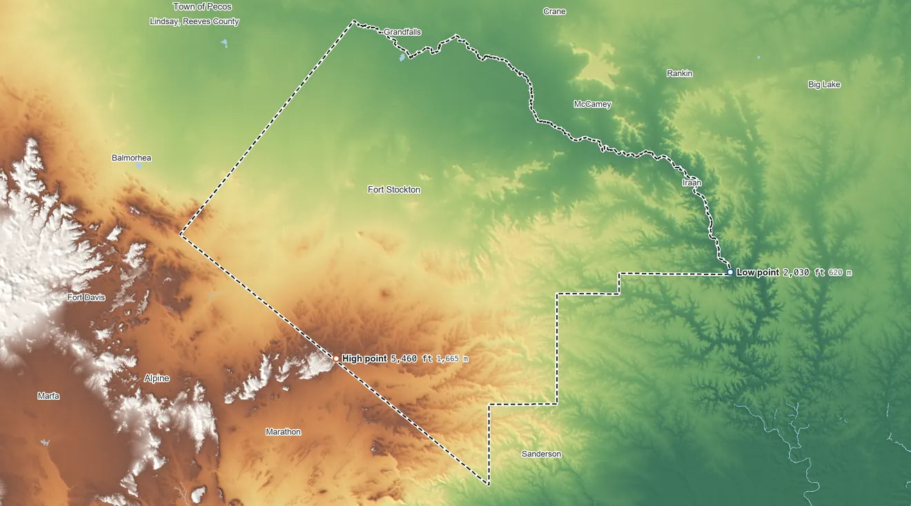 Topographic elevation map of Pecos County, Texas, shaded from 2,030 ft on the east side to 5,460 ft on the southwest side