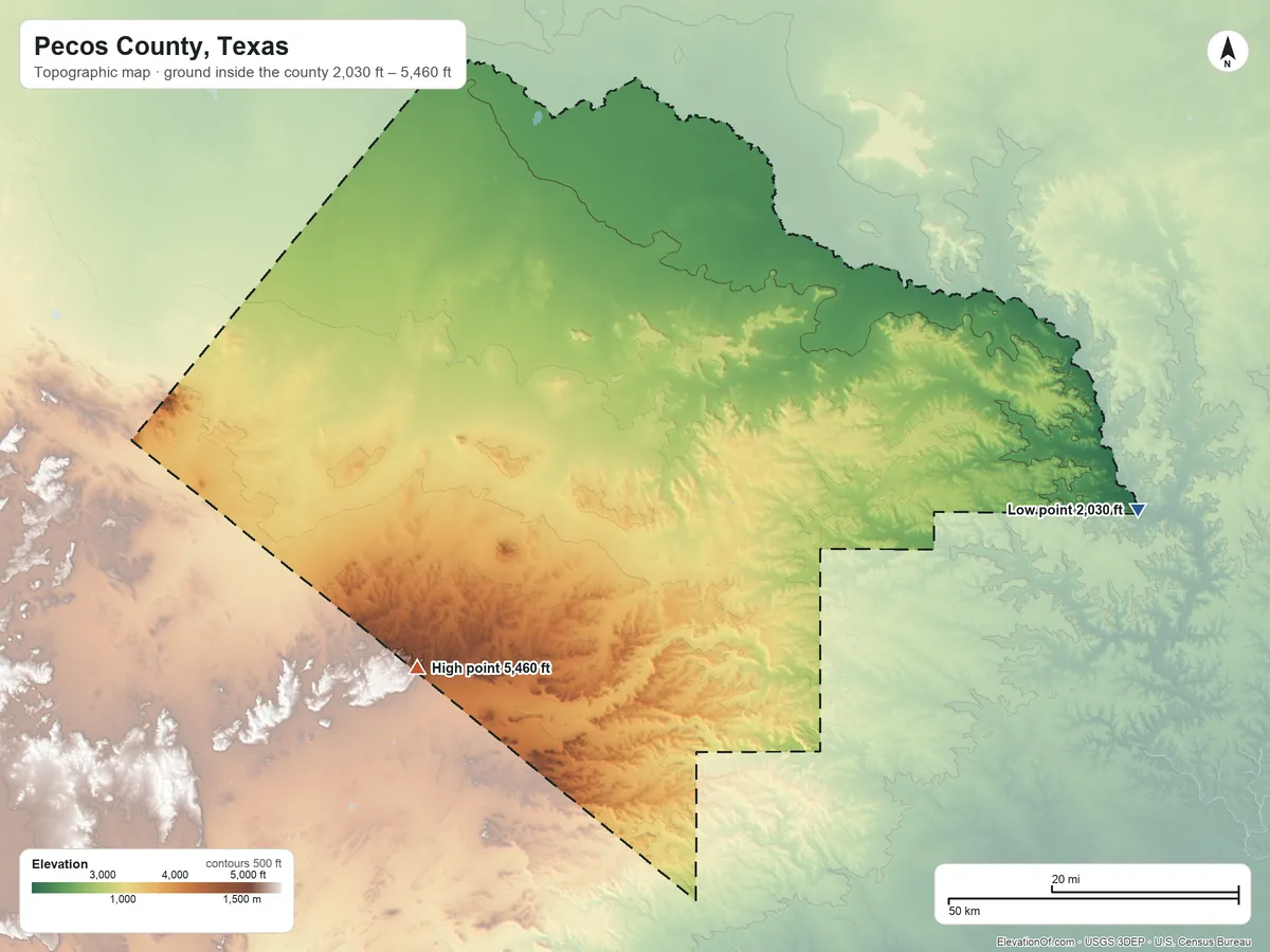 Topographic elevation map of Pecos County, Texas, shaded from 2,030 ft on the east side to 5,460 ft on the southwest side
