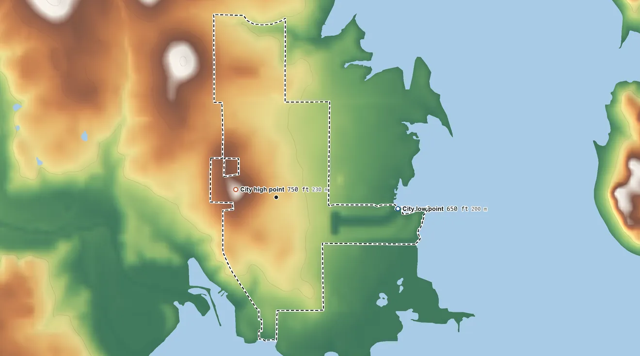Topographic elevation map of Pelican Bay, Texas, shaded from 650 ft on the east side to 750 ft on the west side