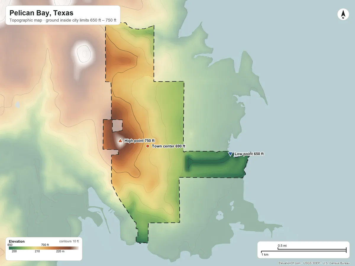 Topographic elevation map of Pelican Bay, Texas, shaded from 650 ft on the east side to 750 ft on the west side