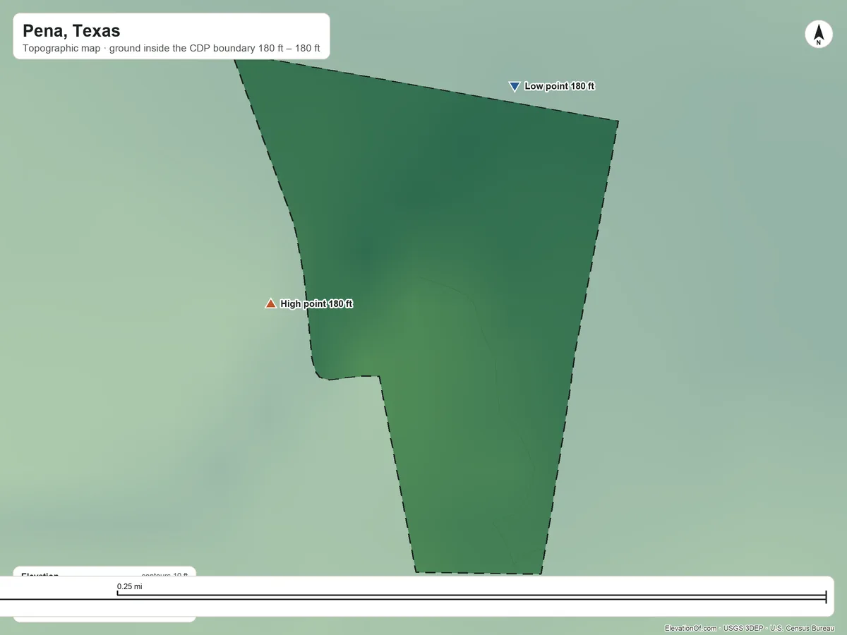 Topographic elevation map of Pena, Texas, shaded from 180 ft on the north side to 180 ft on the northwest side