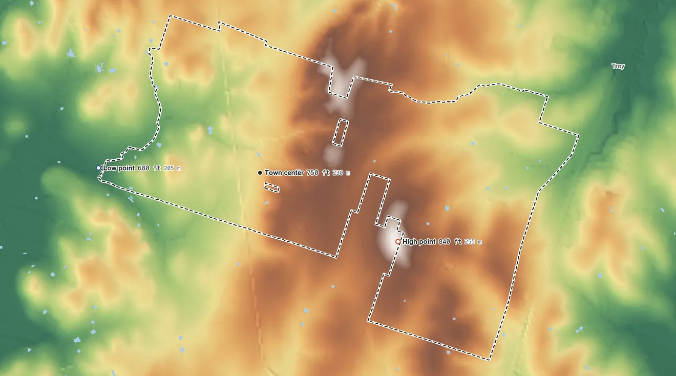 Topographic elevation map of Pendleton, Texas, shaded from 680 ft on the west side to 840 ft on the southeast side