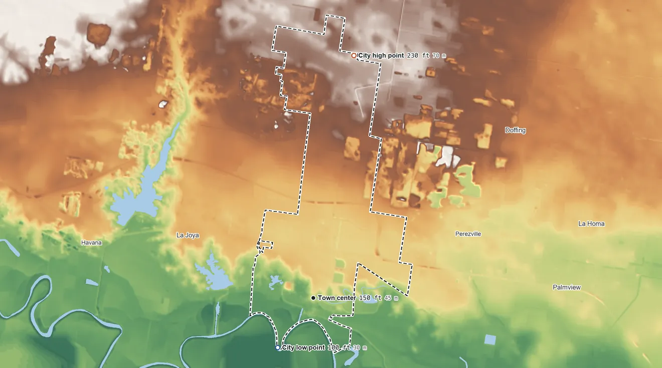 Topographic elevation map of Penitas, Texas, shaded from 100 ft on the southwest side to 230 ft on the north side