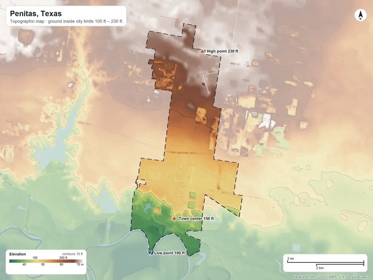 Topographic elevation map of Penitas, Texas, shaded from 100 ft on the southwest side to 230 ft on the north side