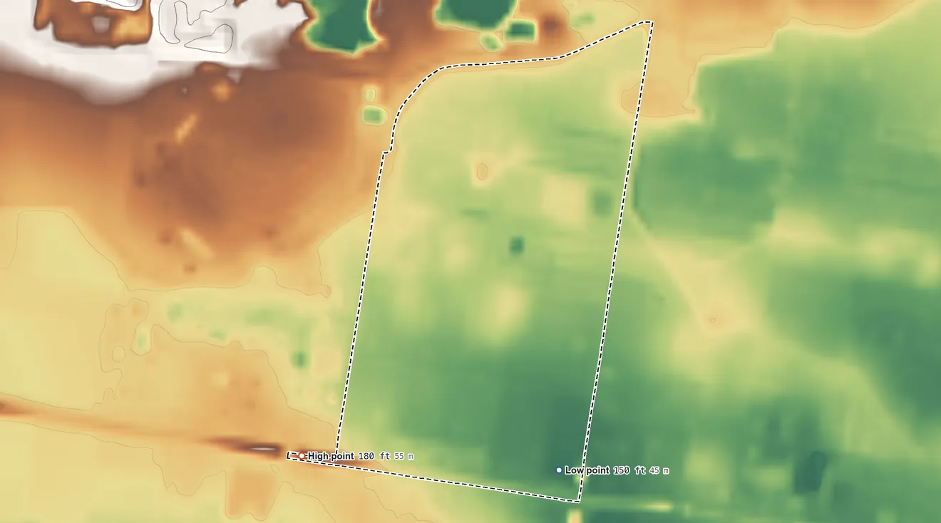 Topographic elevation map of Perezville, Texas, shaded from 150 ft on the south side to 180 ft on the southwest side