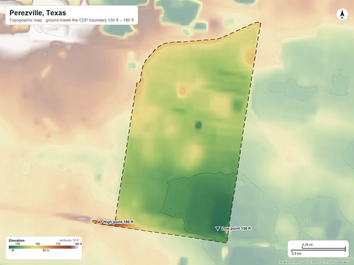 Topographic elevation map of Perezville, Texas, shaded from 150 ft on the south side to 180 ft on the southwest side