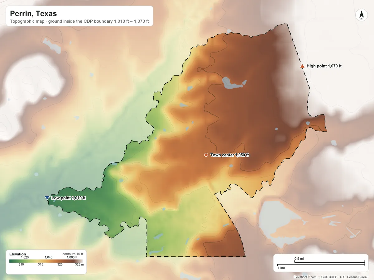 Topographic elevation map of Perrin, Texas, shaded from 1,010 ft on the west side to 1,070 ft on the northeast side
