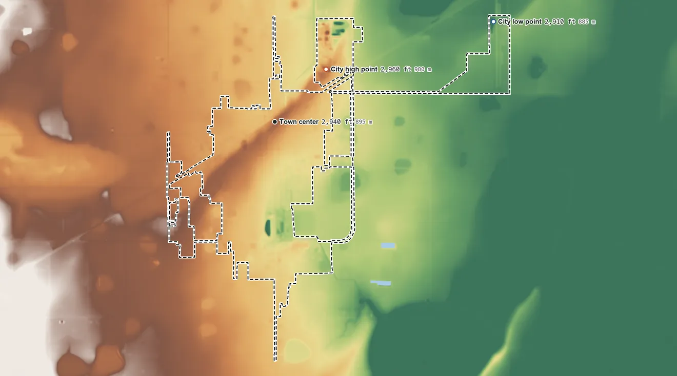 Topographic elevation map of Perryton, Texas, shaded from 2,910 ft on the northeast side to 2,960 ft on the northeast side