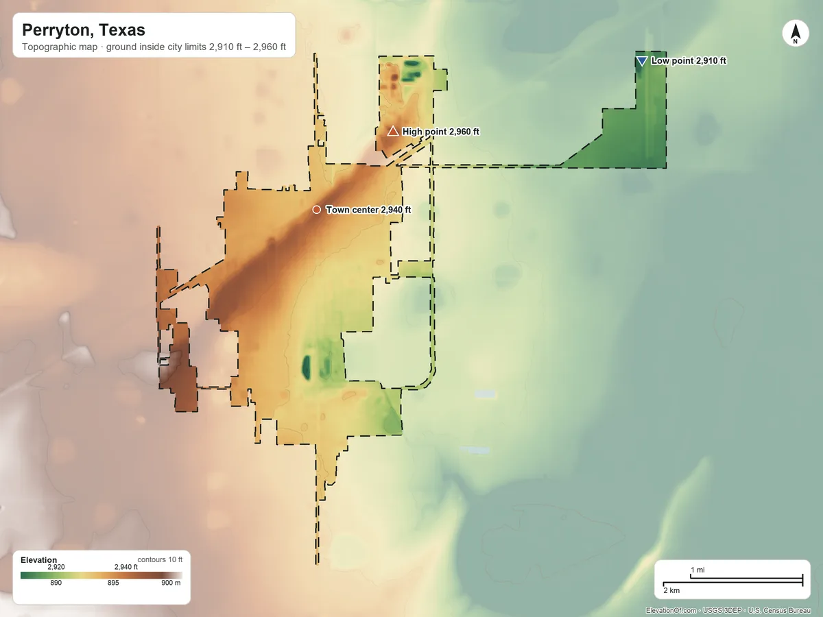 Topographic elevation map of Perryton, Texas, shaded from 2,910 ft on the northeast side to 2,960 ft on the northeast side