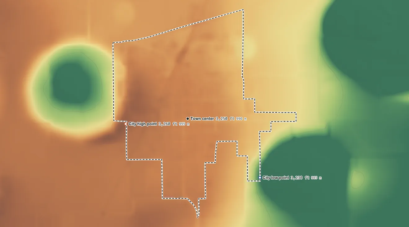 Topographic elevation map of Petersburg, Texas, shaded from 3,230 ft on the southeast side to 3,260 ft on the west side