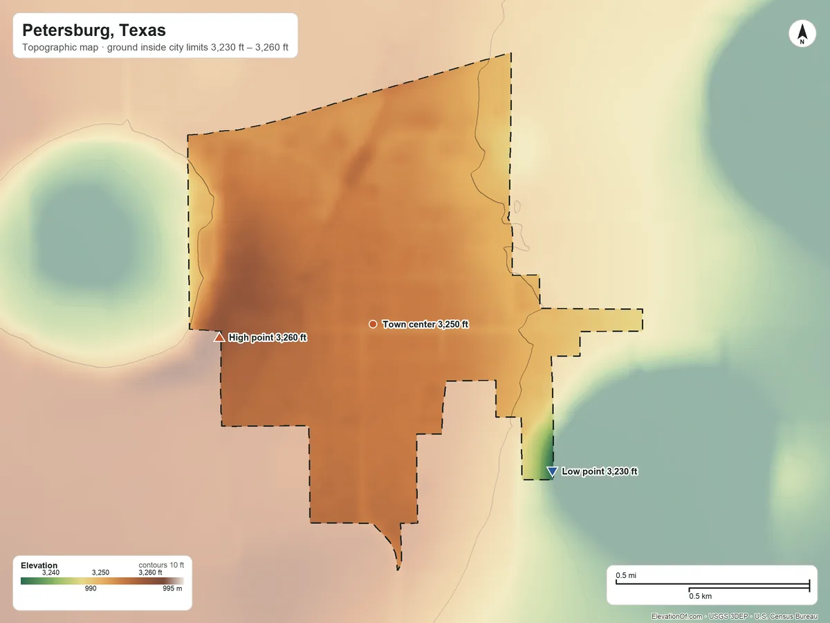 Topographic elevation map of Petersburg, Texas, shaded from 3,230 ft on the southeast side to 3,260 ft on the west side