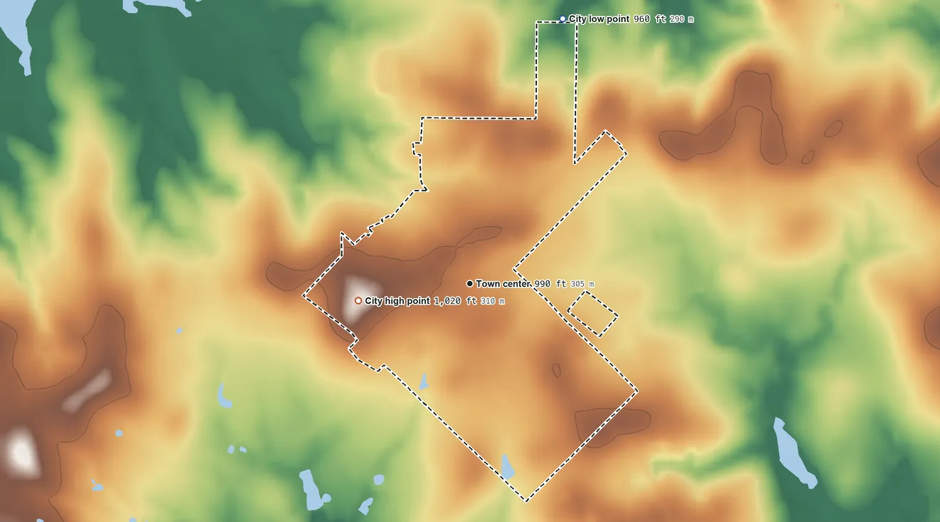 Topographic elevation map of Petrolia, Texas, shaded from 960 ft on the north side to 1,020 ft on the west side