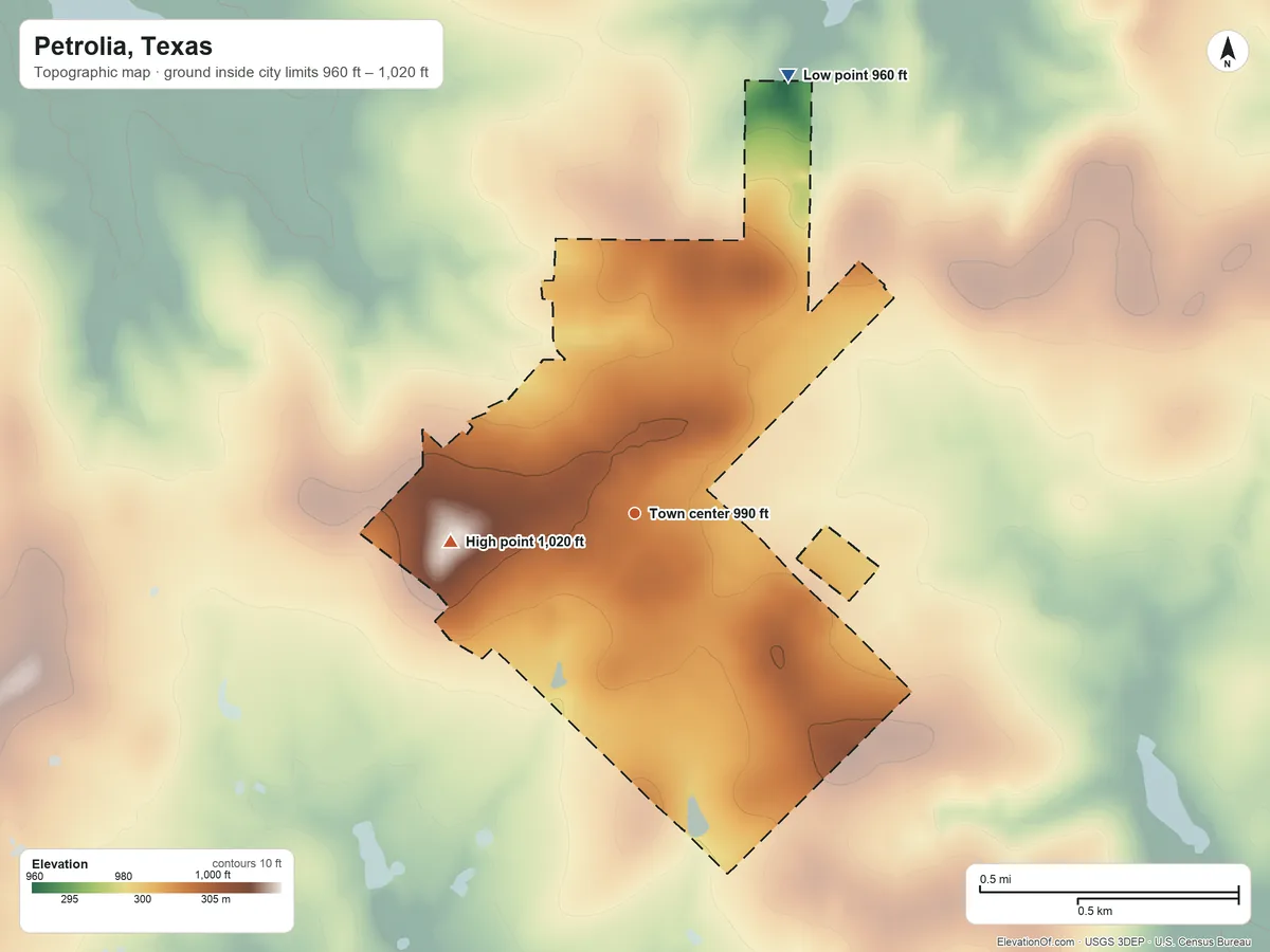 Topographic elevation map of Petrolia, Texas, shaded from 960 ft on the north side to 1,020 ft on the west side