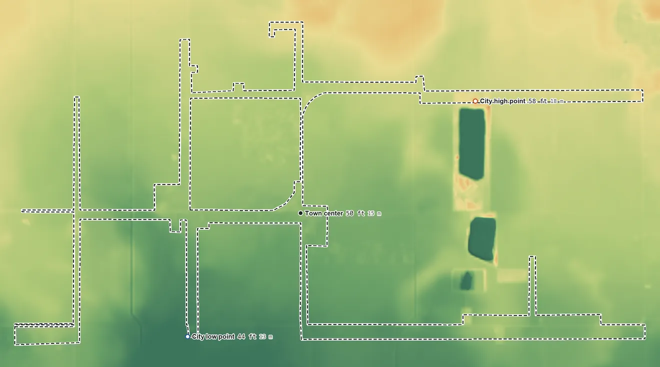 Topographic elevation map of Petronila, Texas, shaded from 44 ft on the southwest side to 58 ft on the northeast side