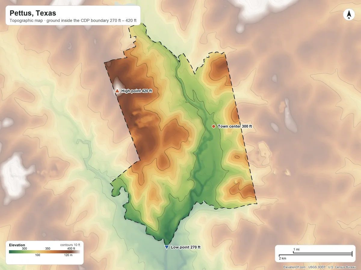 Topographic elevation map of Pettus, Texas, shaded from 270 ft on the south side to 420 ft on the west side