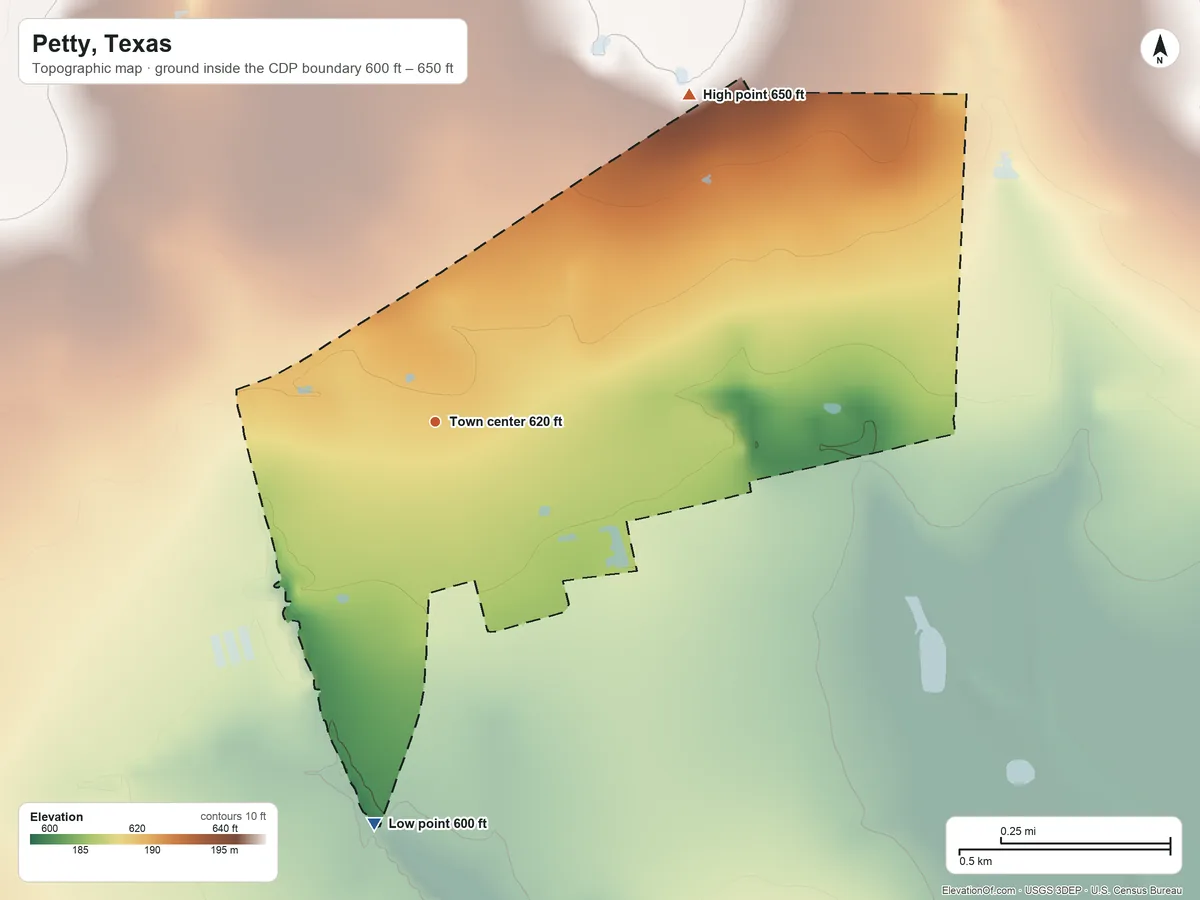 Topographic elevation map of Petty, Texas, shaded from 600 ft on the south side to 650 ft on the northeast side
