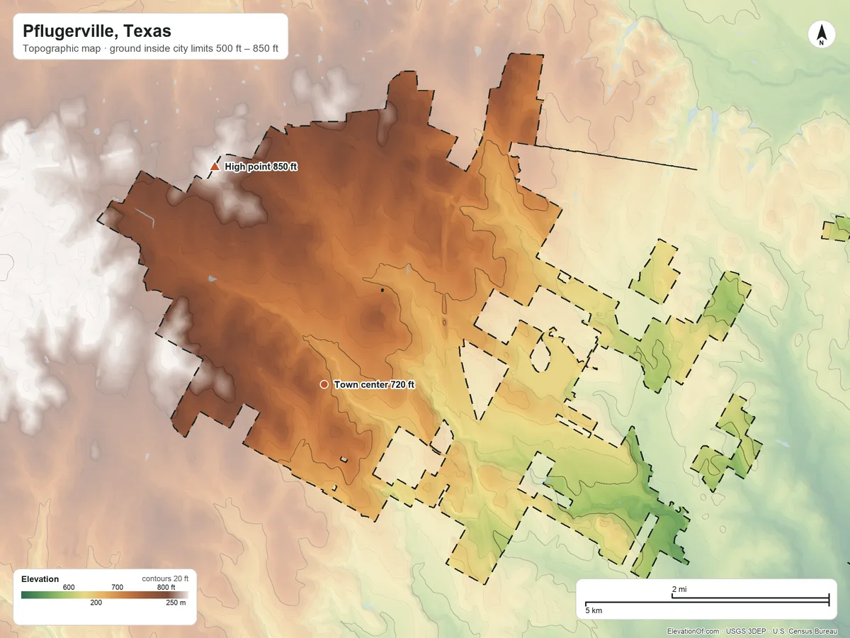 Topographic elevation map of Pflugerville, Texas, shaded from 500 ft on the east side to 850 ft on the northwest side