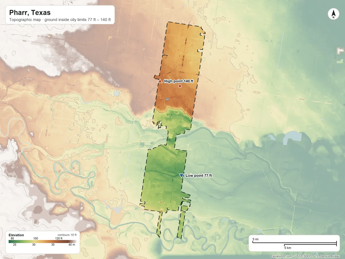 Topographic elevation map of Pharr, Texas, shaded from 77 ft on the south side to 140 ft near the middle
