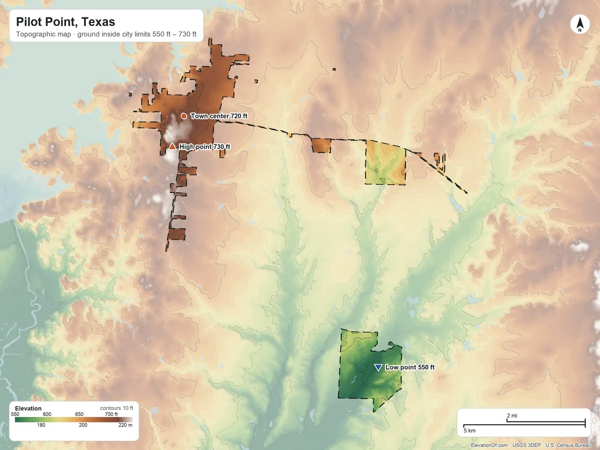 Topographic elevation map of Pilot Point, Texas, shaded from 550 ft on the southeast side to 730 ft near the middle