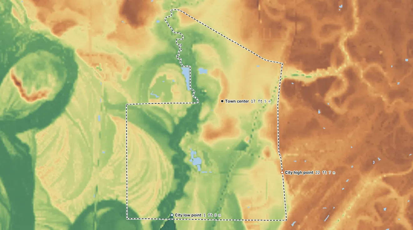 Topographic elevation map of Pine Forest, Texas, shaded from 1 ft on the southwest side to 22 ft on the southeast side