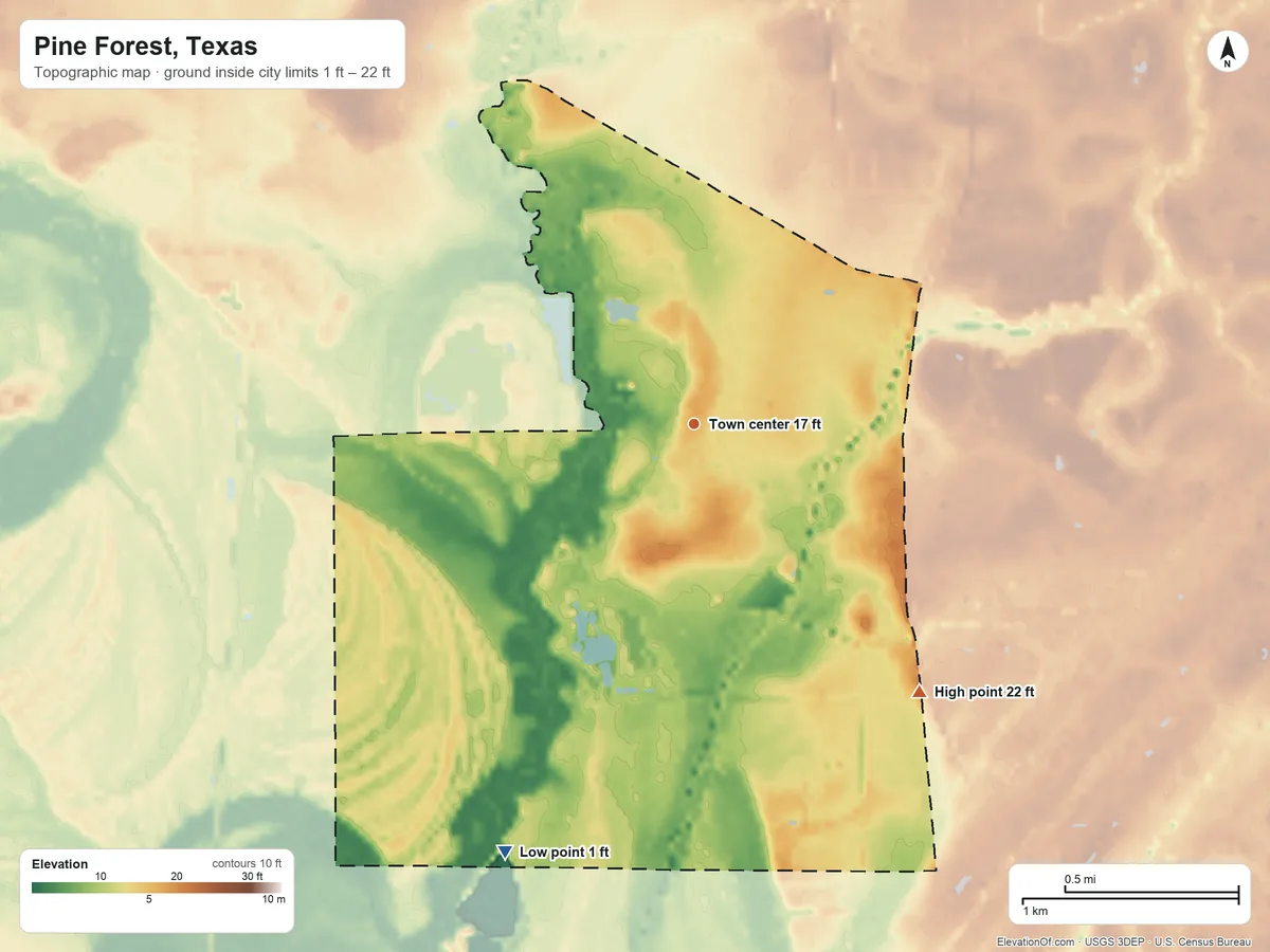 Topographic elevation map of Pine Forest, Texas, shaded from 1 ft on the southwest side to 22 ft on the southeast side