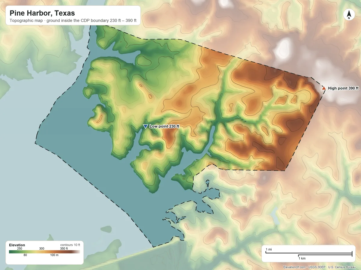 Topographic elevation map of Pine Harbor, Texas, shaded from 230 ft on the southwest side to 390 ft on the east side