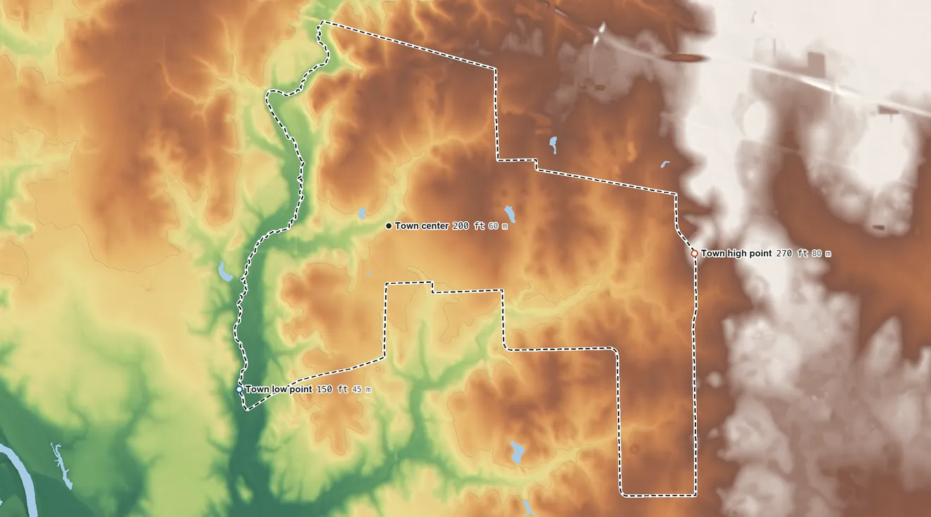 Topographic elevation map of Pine Island, Texas, shaded from 150 ft on the southwest side to 270 ft on the east side