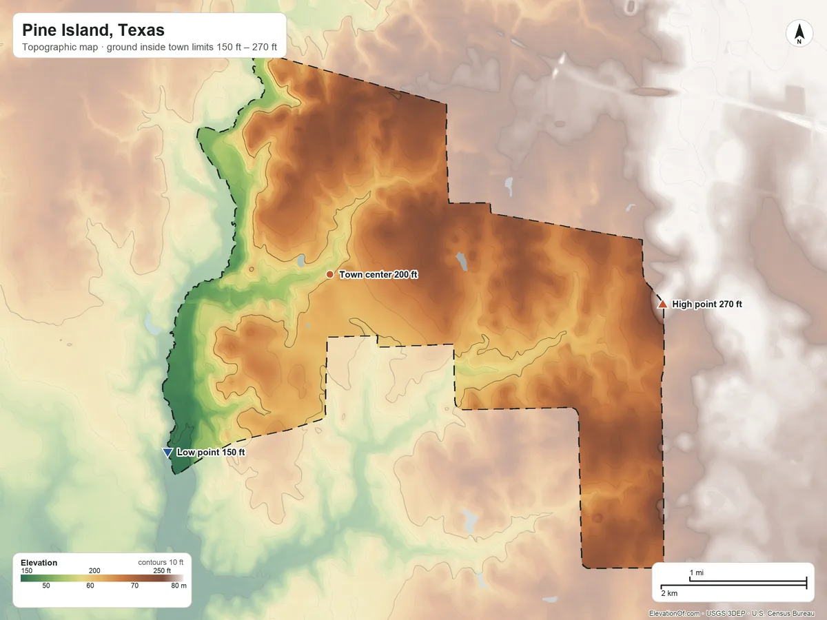 Topographic elevation map of Pine Island, Texas, shaded from 150 ft on the southwest side to 270 ft on the east side