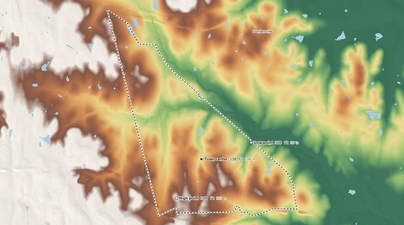 Topographic elevation map of Pinebrook, Texas, shaded from 300 ft on the east side to 380 ft on the southwest side