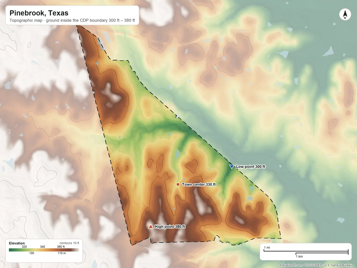 Topographic elevation map of Pinebrook, Texas, shaded from 300 ft on the east side to 380 ft on the southwest side