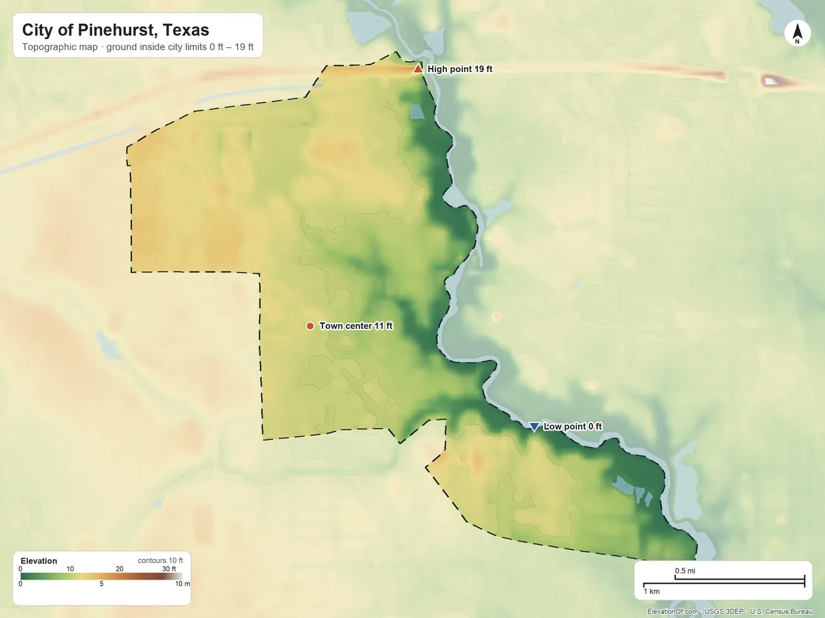 Topographic elevation map of City of Pinehurst, Texas, shaded from 0 ft on the southeast side to 19 ft on the northeast side
