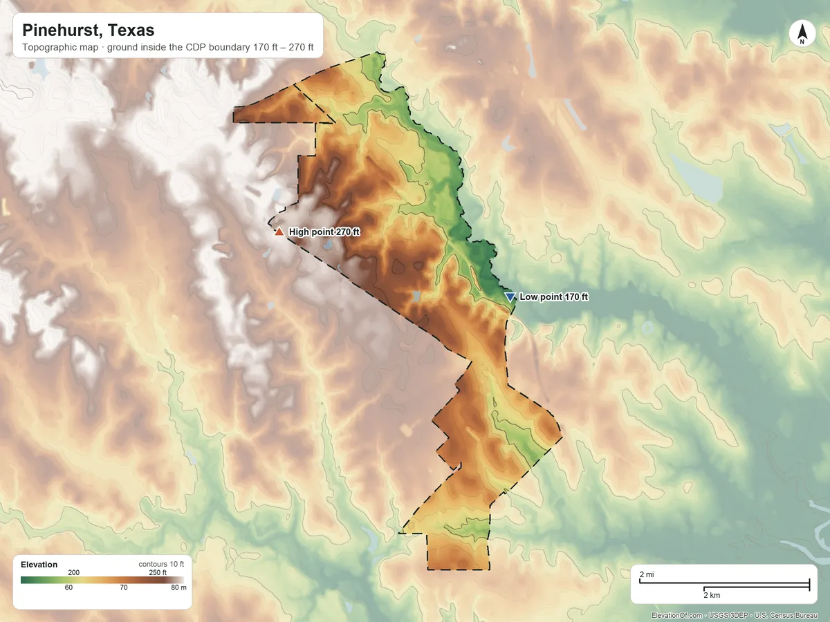 Topographic elevation map of Pinehurst, Texas, shaded from 170 ft on the northeast side to 270 ft on the northwest side