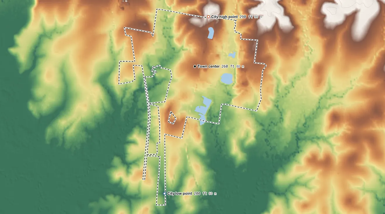 Topographic elevation map of Pineland, Texas, shaded from 200 ft on the south side to 290 ft on the north side